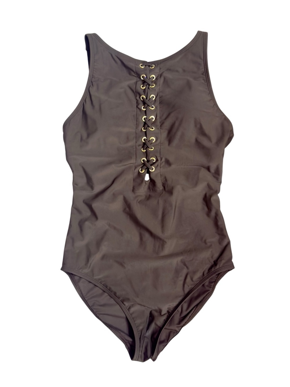 Beyond Control Women’s Citizen Lace Up High Neck One Piece Swimsuit EUC size 10